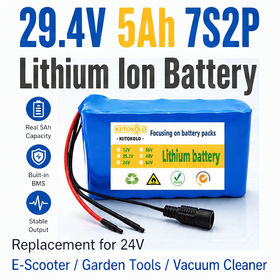 

29.4V 5Ah 7S2P Lithium Ion Battery Replacement for 24V Scooter Leaf Blower Hedge Trimmer Grass Trimmer Cordless Vacuum Cleaner