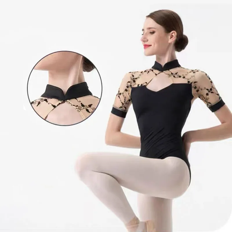 Ballet Leotards for Women Stand-up Collar Embroidered Elegant Gymnastics Dance Wear Adult Short sleeved Dance Costume