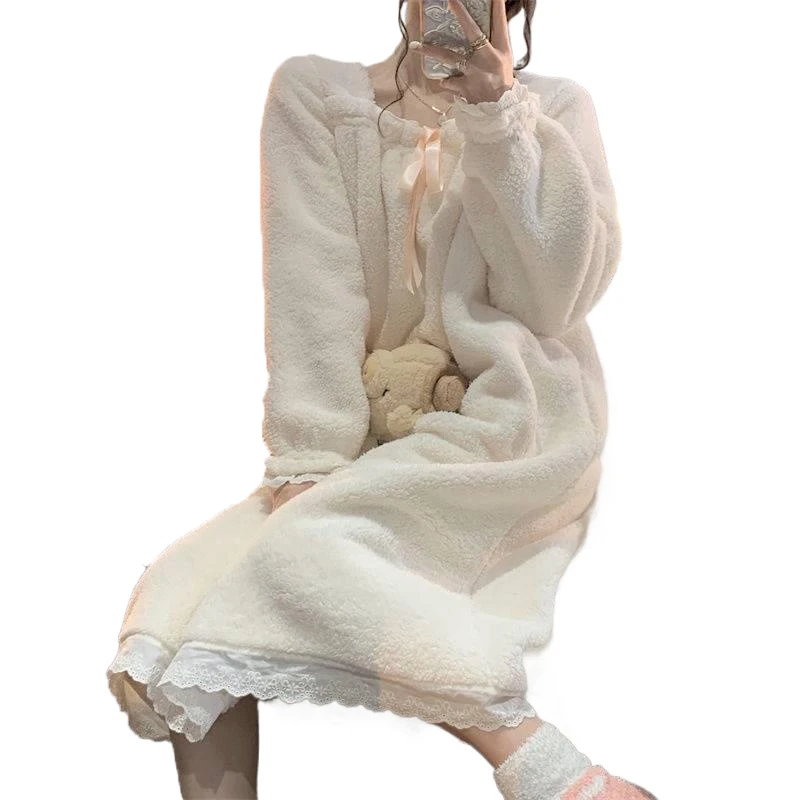 Fleece Women Nightgown Korean Lace Sleepwear Bow Winter Night Dress Knee Length One Piece Pajamas Solid Warm Home Wear 2024 New