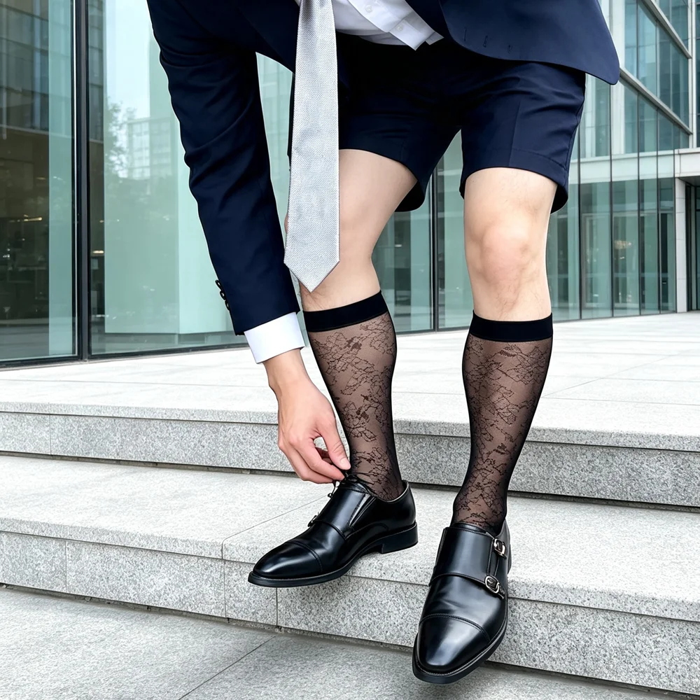 Men's Sheer Lace Over The Calf Socks Black Transparent Long Stockings Formal Business Dress Hosiery Sexy Fancy Suit Socks