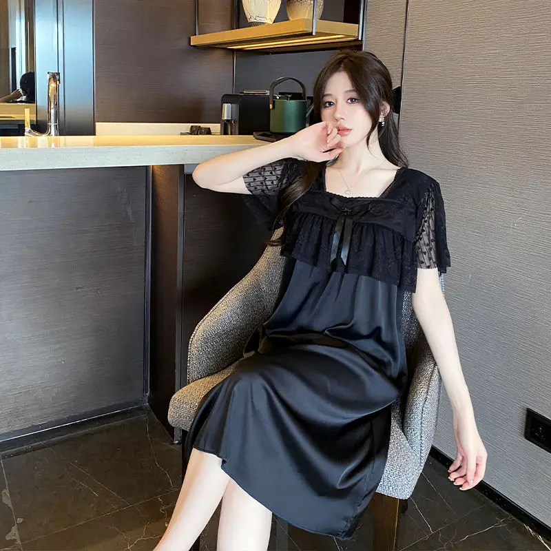 Ice Silk Pajama Dress for Women Summer Short Sleeved Sleepshirts Thin Sexy Lace Nightgowns Bow High-end Oversized Loungewear