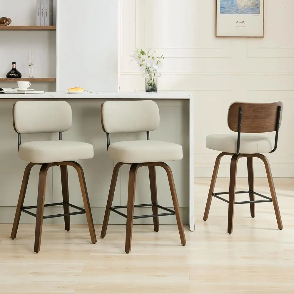 

Set of 3 26 Gray Upholstered Swivel Bar Stools with Backrest and Walnut Legs for Kitchen Counter