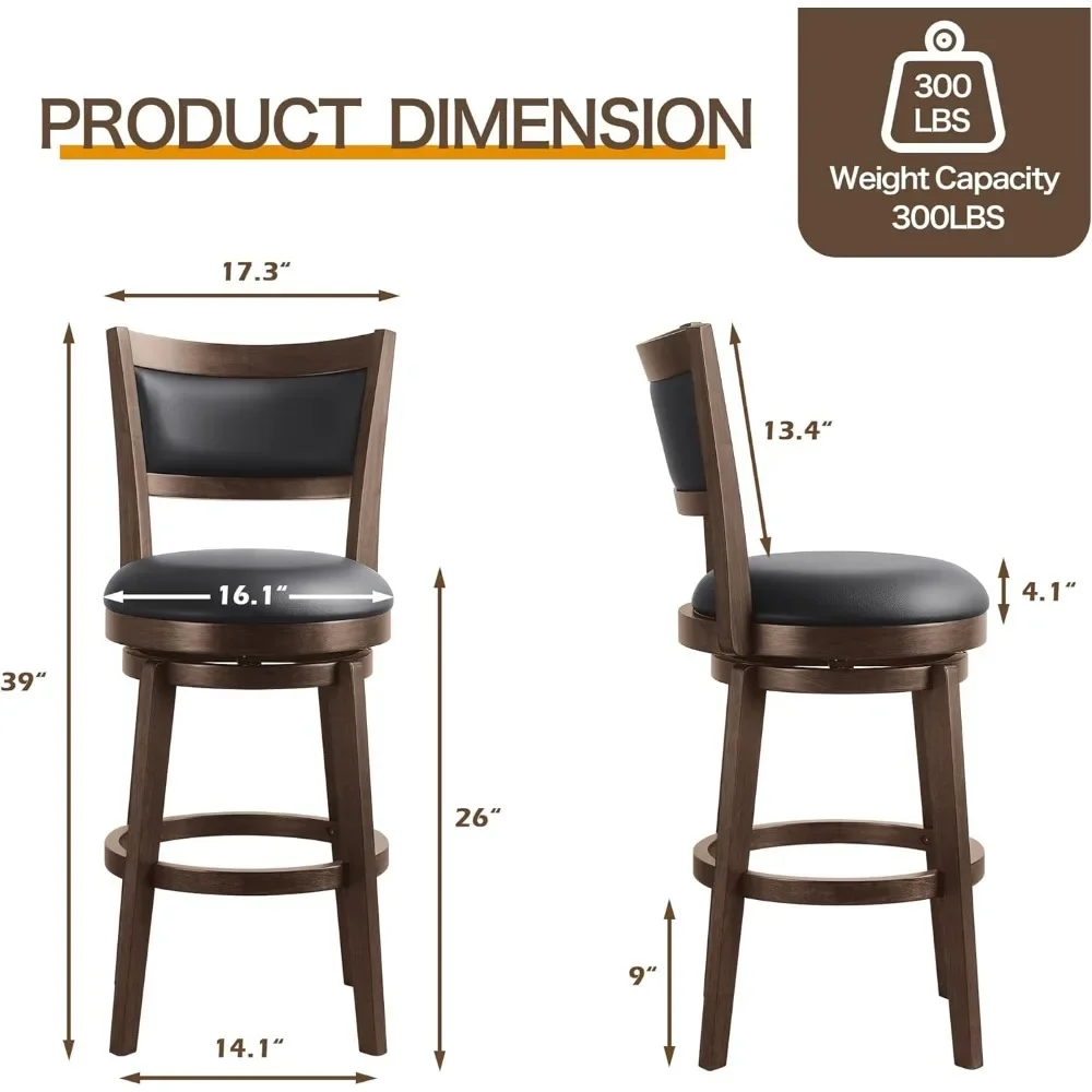 26" Counter Height Barstools Set of 2 - High Back Swivel Bar Stools with Faux Leather Upholstered Seat & Solid Wood Footrest