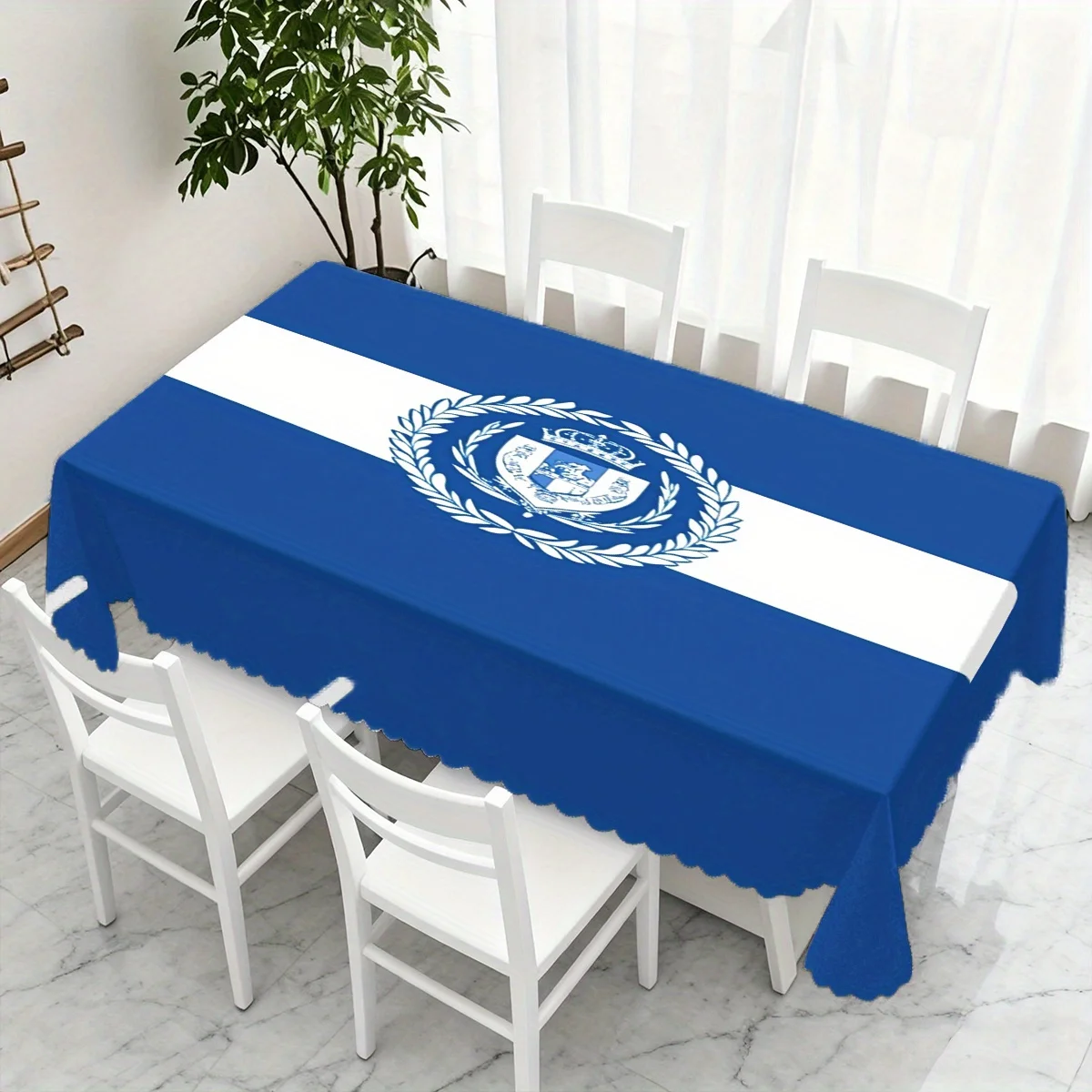 Blue White Flag With Crown Laurel Emblem Print Waterproof Tablecloth, Rectangular Table Cover For Home Party Table Decor