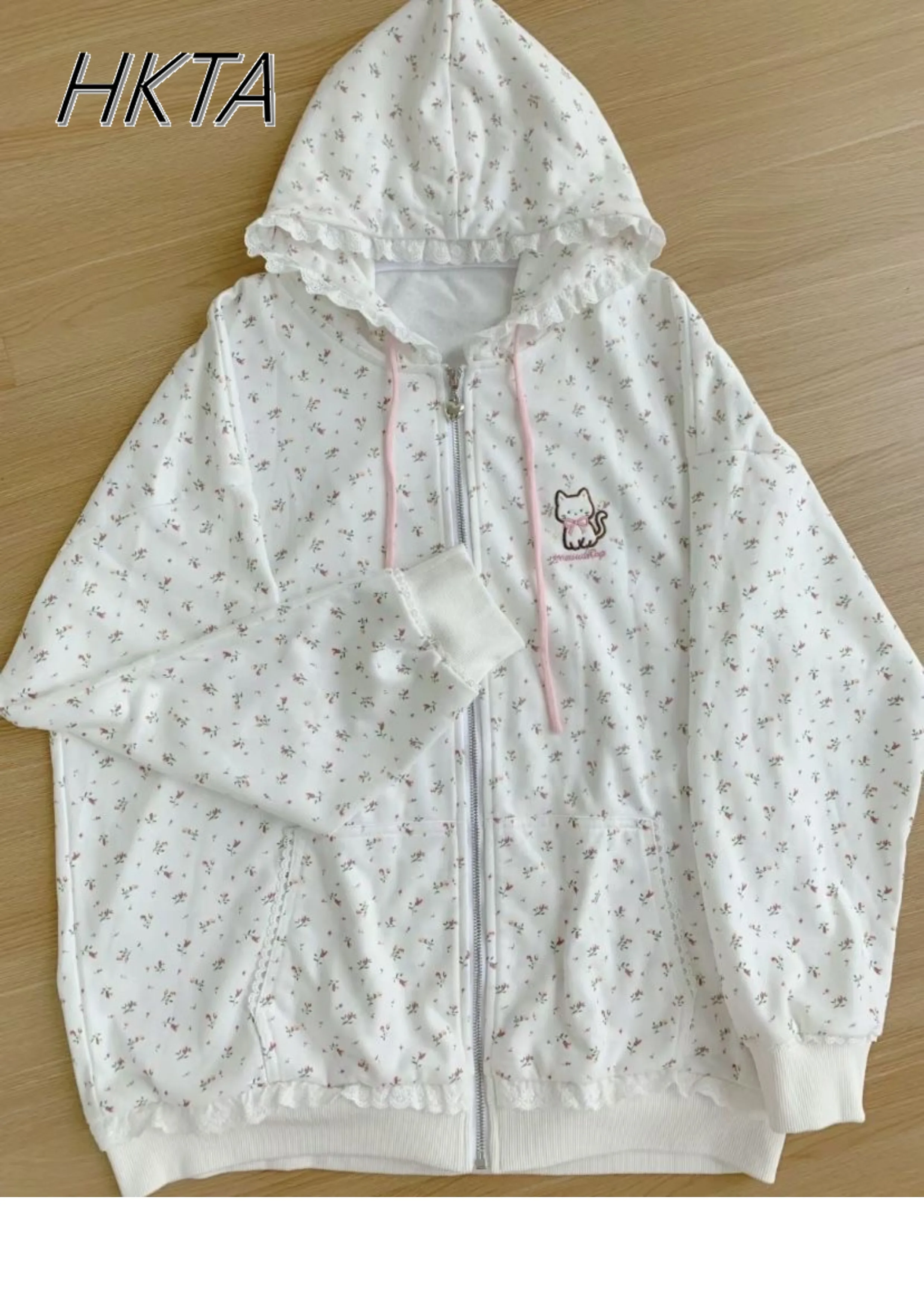 

Lolita Floral Long Sleeved Zipper Sweatshirt Hoodie Women Spring Cute Cartoon Lace Stitching Print Loose Causal Girl Top Jacket