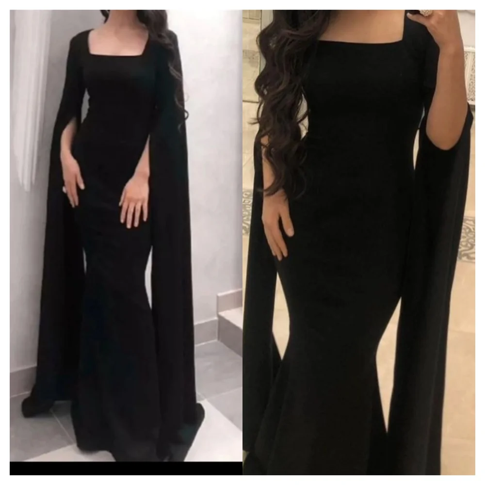 ที่กําหนดเอง Mermaid ประณีตสีดํา Jersey ชุดราตรีโมเดิร์นสแควร์คอยาวแขนยาวชุดง่าย Celebrity Gowns
