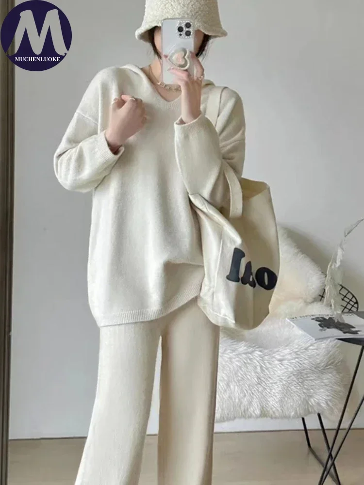 2-Piece Knitted Outfit for Women Casual Sweater Loose Tops Straight Leg Pant Sets Autumn and Winter Fashion New 2024