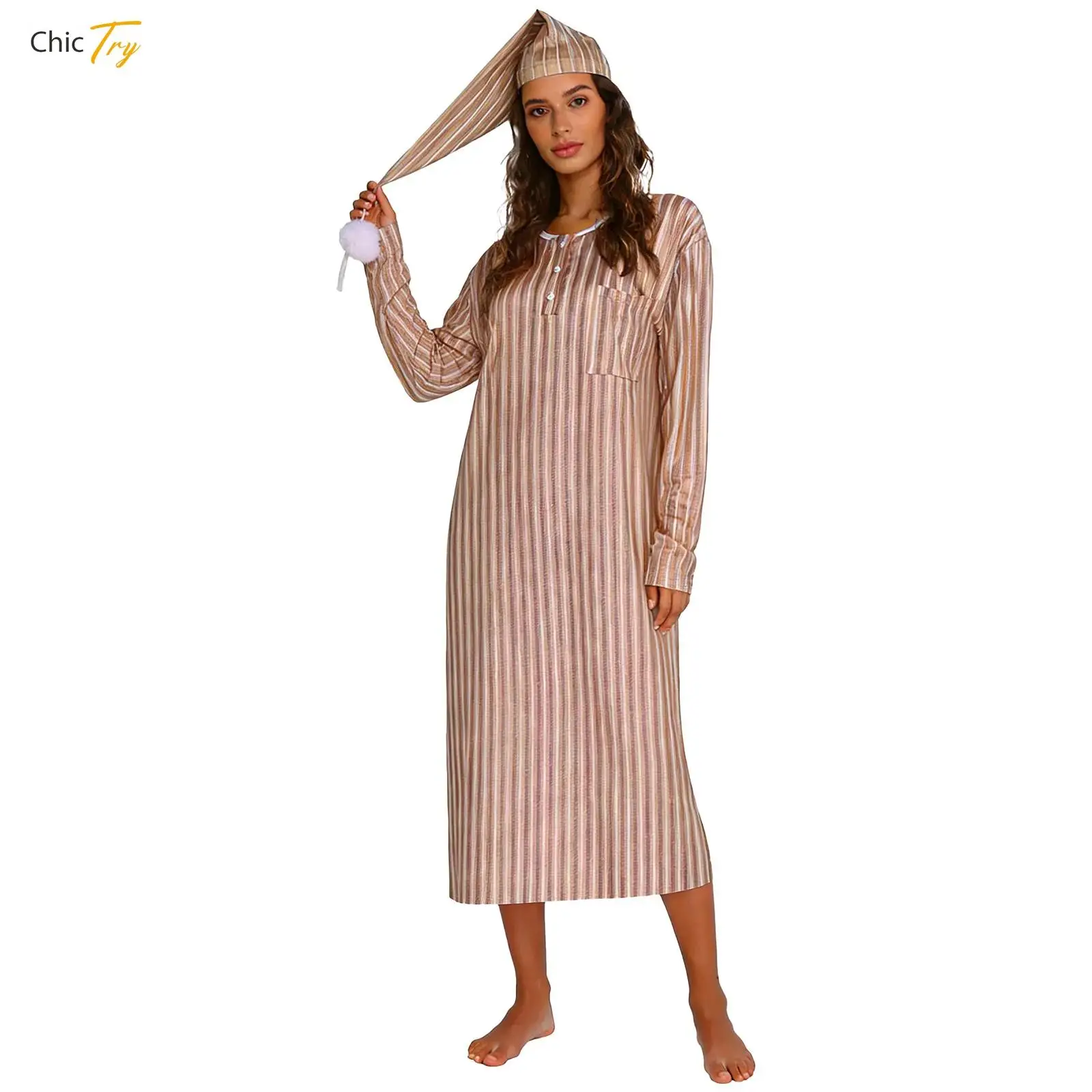 

Women Christmas Striped Nightgown with Sleeping Hat Pajamas Set Soft Loose Sleep Robe Long Sleeve Night shirt Halloween Dress Up