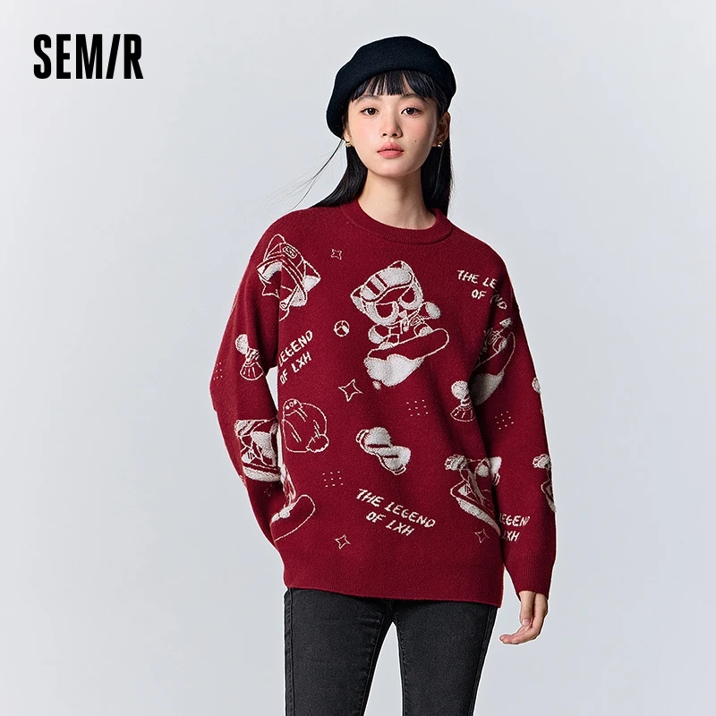 Semir Sweater Women Mid-Length Loose Rocking 2024 New Winter Design Sense Cartoon Jacquard Pullover Shirt