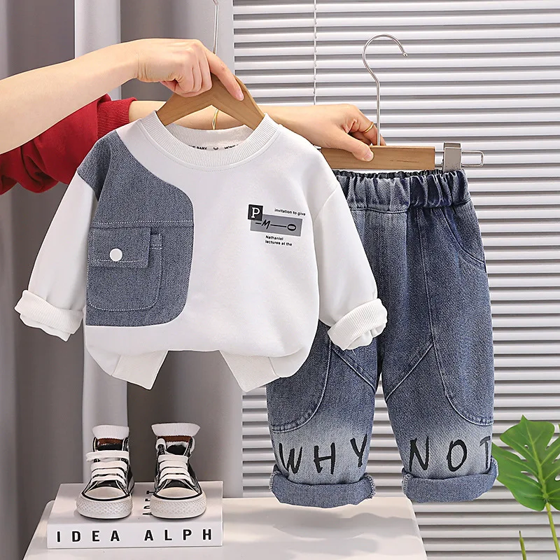 Toddler Boys 2 Piece Outfit Denim Patch Spliced Letter Print Long Sleeve Sweatshirt & Pants Kids Casual Spring Autumn Tracksuit