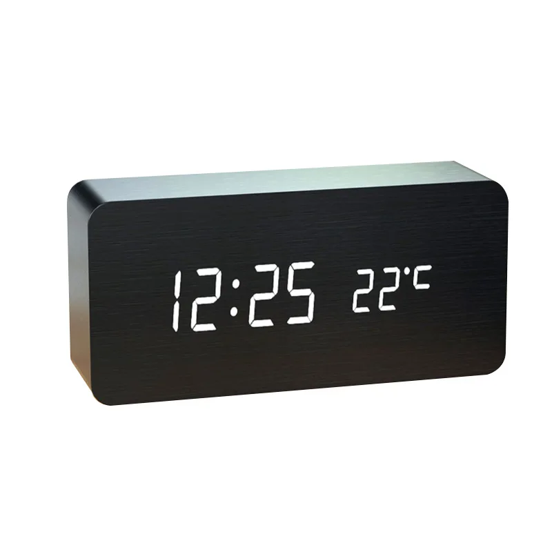 Wooden LED Electronic Clock Sound Control Digital Alarm Clock with Thermometer Home Decor Gift Clock