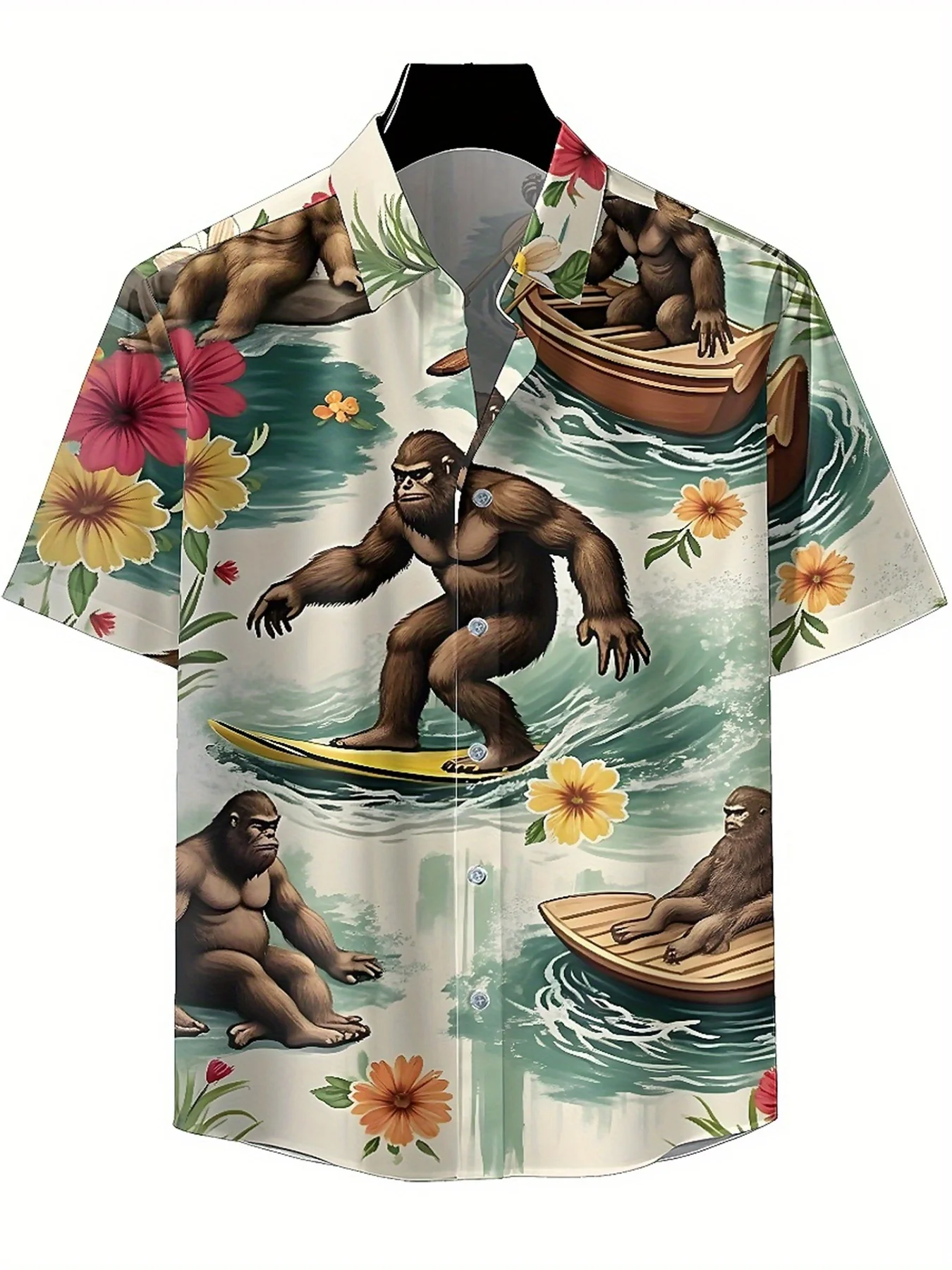 Men's Plus Size Hawaiian ShirtsGorilla Surfing and Dancing with Nature_pattern,Premium Comfort Youth Clothes,Streetwear Y2K Tops