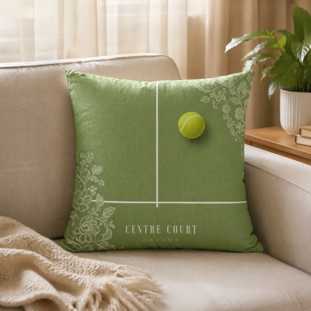 Green Floral Tennis Throw Pillow Centre Court Dreams Tennis Ball Square Decorative Sofa Cushion Sports Cottage Home Decoration