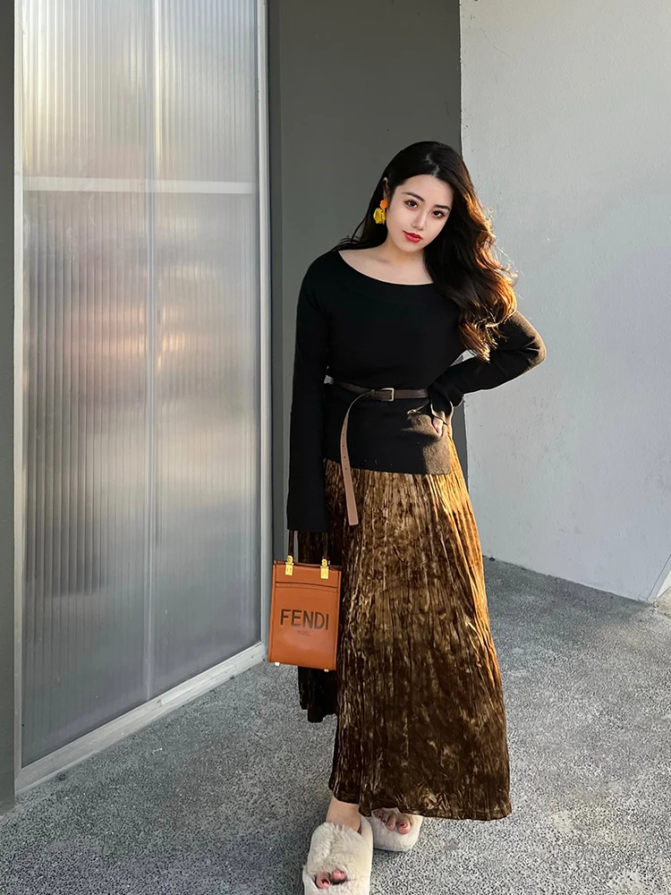 

Бархатная длинная юбка с золотой фольгой для женщин больших размеров Ele Old Money Sle Юбка-миди трапециевидной формы с высокой талией для поездок на работу