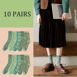 10 pairs of vintage socks for women spring, summer, autumn seasons, socks, embossed women's socks, ladies stockings, green stock