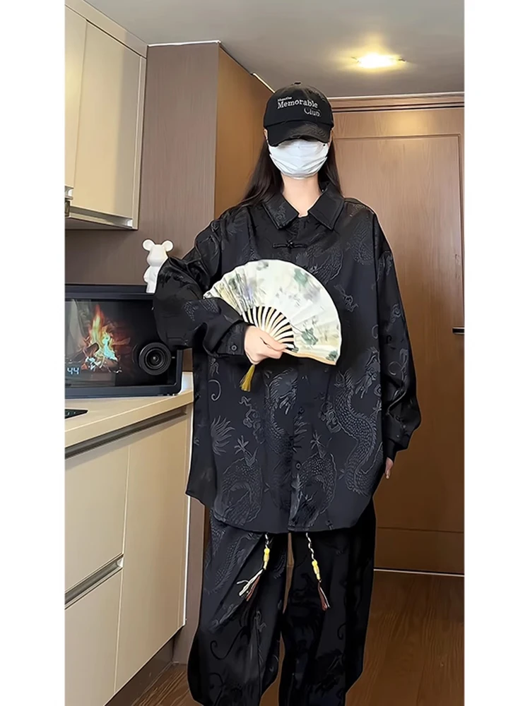 New Chinese Sle Men's Long Sve irt Set with Dragon Pattern Premium Feel Autumn Wear Clete Tang Costume Ensemble