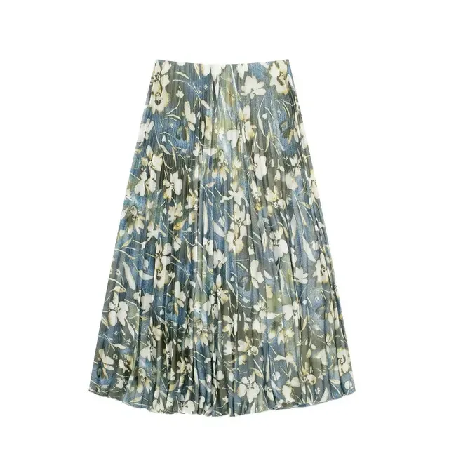 New 2024 Spring Women's Fashion Midi Pleated Metallic Floral Print Versatile Vintage High Waist A-Line Retro Chic Skirt