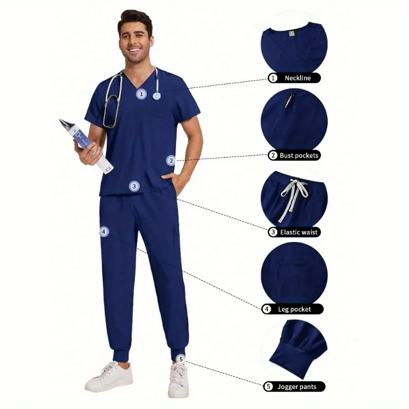 

2Pcs Set Woman Men's Scrubs Sets Uniform Work Set Male Scrubs Uniforms V-Neck Tops Fashion Scrubs Nursing Clothes Work Clothes