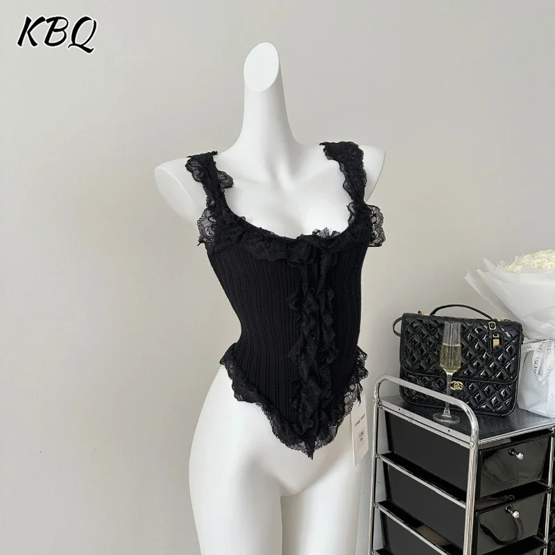 KBQ Solid Sexy Slimming Backless Chic Vest For Women Square Collar Long Sleeveless Knitting Lace Tank Tops Female Fashion New