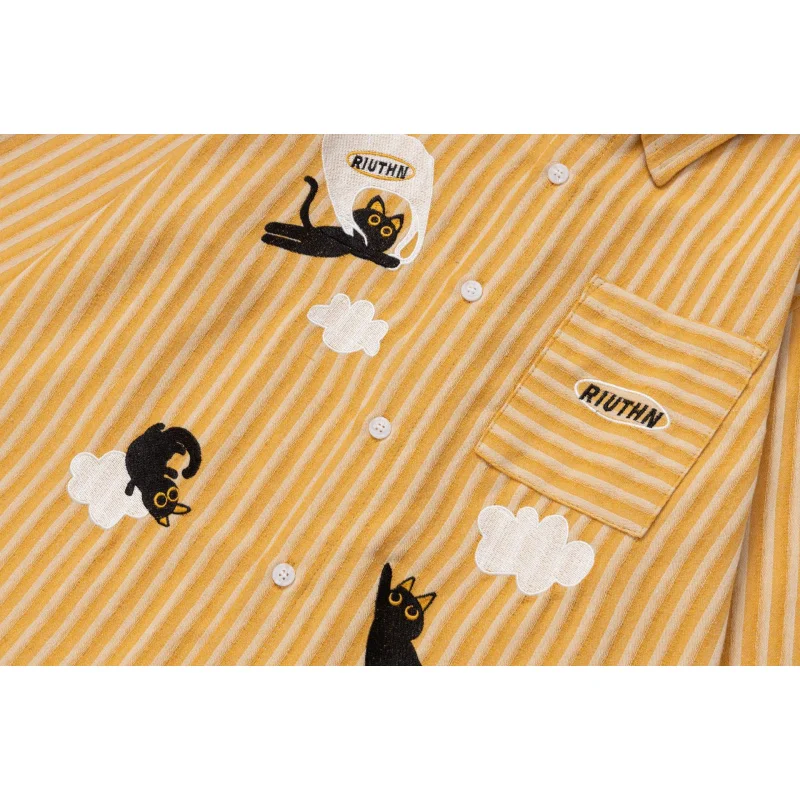 W2EJOURNEY Kemeja Lengan Panjang Motif Kucing Lucu Vintage Berkualitas Tinggi Ukuran EU US Mewah untuk Luar Ruangan Unisex Musim Gugur Kemeja Kasual Bergaris