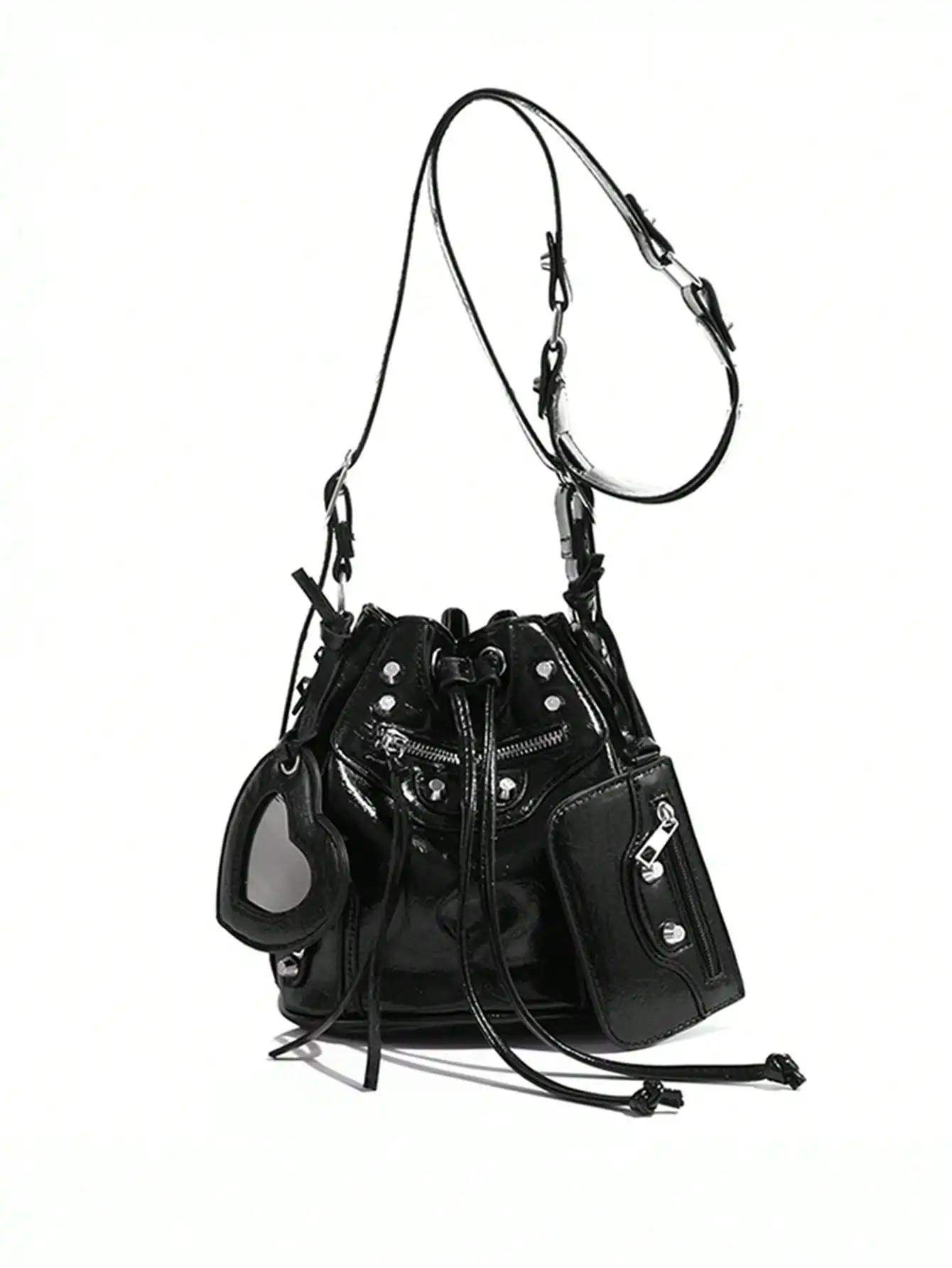 New drawstring ladies fashion bucket bag rivet motorcycle bag three-piece wide shoulder straps body bag