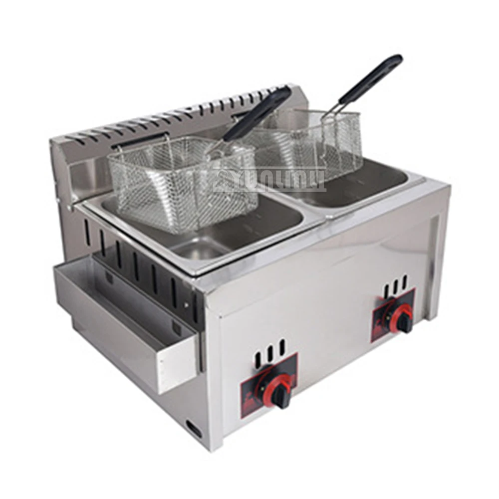 Fritadeira a gás de aço inoxidável comercial, frango frito máquina de batatas fritas, fritadeira com tanques duplos, 12L