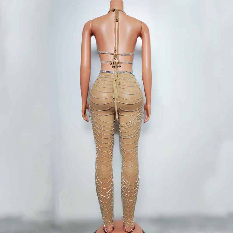 Diamentowe Przezroczyste Frędzle Łańcuszki Stroje Damskie Kostiumy do Tańca na Rurze Gogo Bar Klub Nocny Dj Ds Scena Impreza