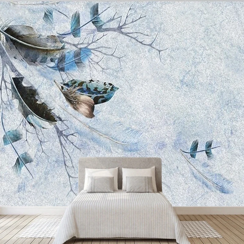Modern Minimalist And Elegant Blue Decorative Wall Sticker With Intricate Wood And Feather Carvings For Wall Decoration