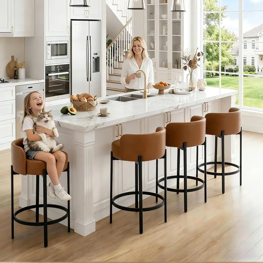 

Комплект из 2-х барных стульев высотой 26 дюймов из искусственной кожи с низкой спинкой, обитые круглые стулья для кухонного острова, черные металлические ножки