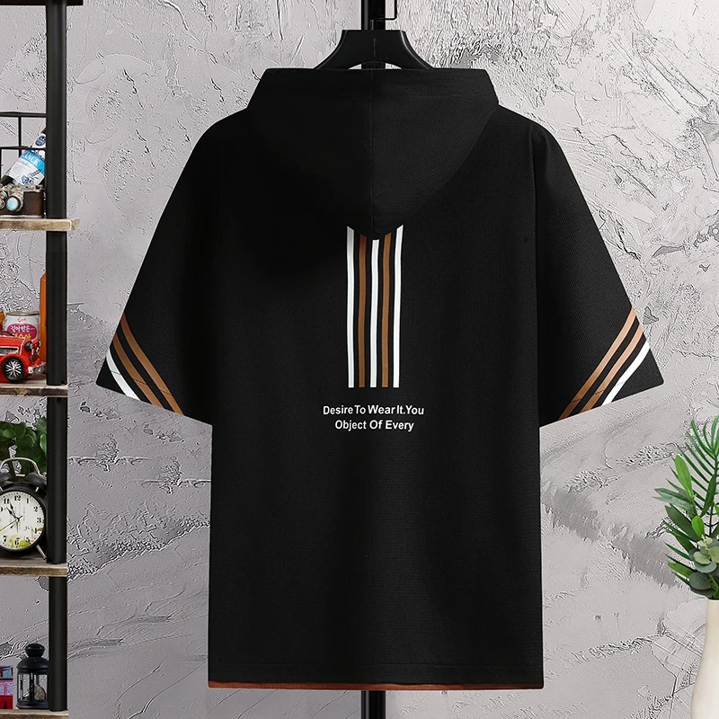 Fashion 2025 Summer Men's Loose Short Sleeve Pull On Hooded T-Shirt Casual Outdoor Sport Top Tee Youth Hip Hop Streetwear Tshirt