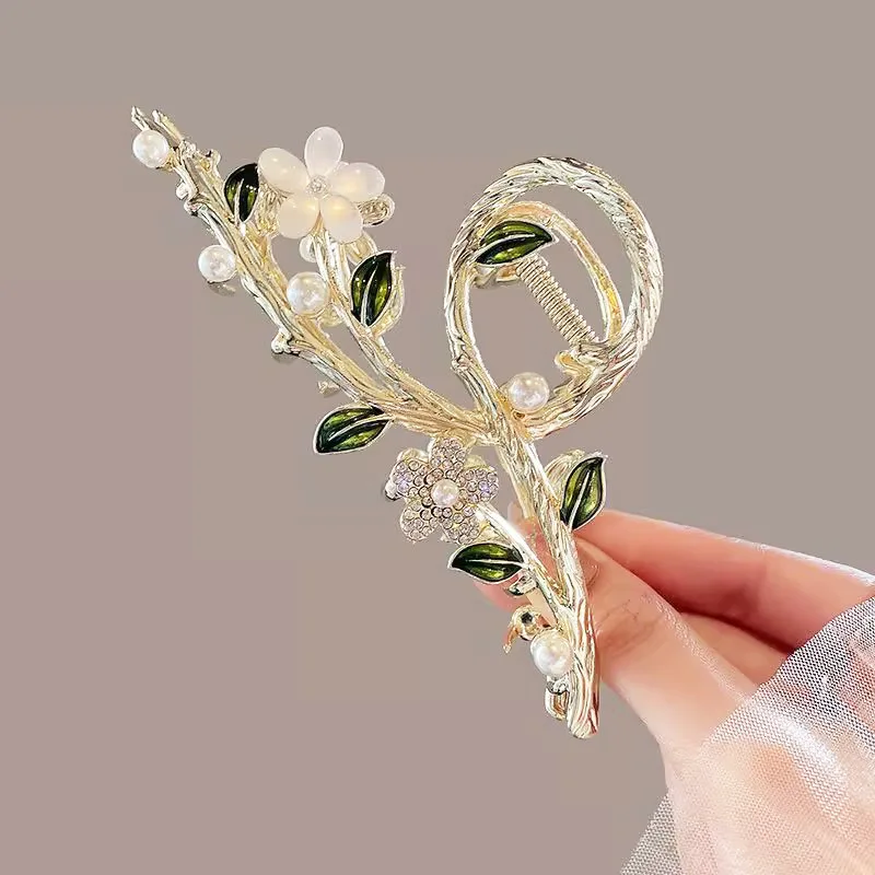 قطعة واحدة من مشبك شعر فرع الزهور للنساء، مشبك شعر عالي الجودة للربيع، مشبك سمك القرش الكبير لظهر الرأس #3