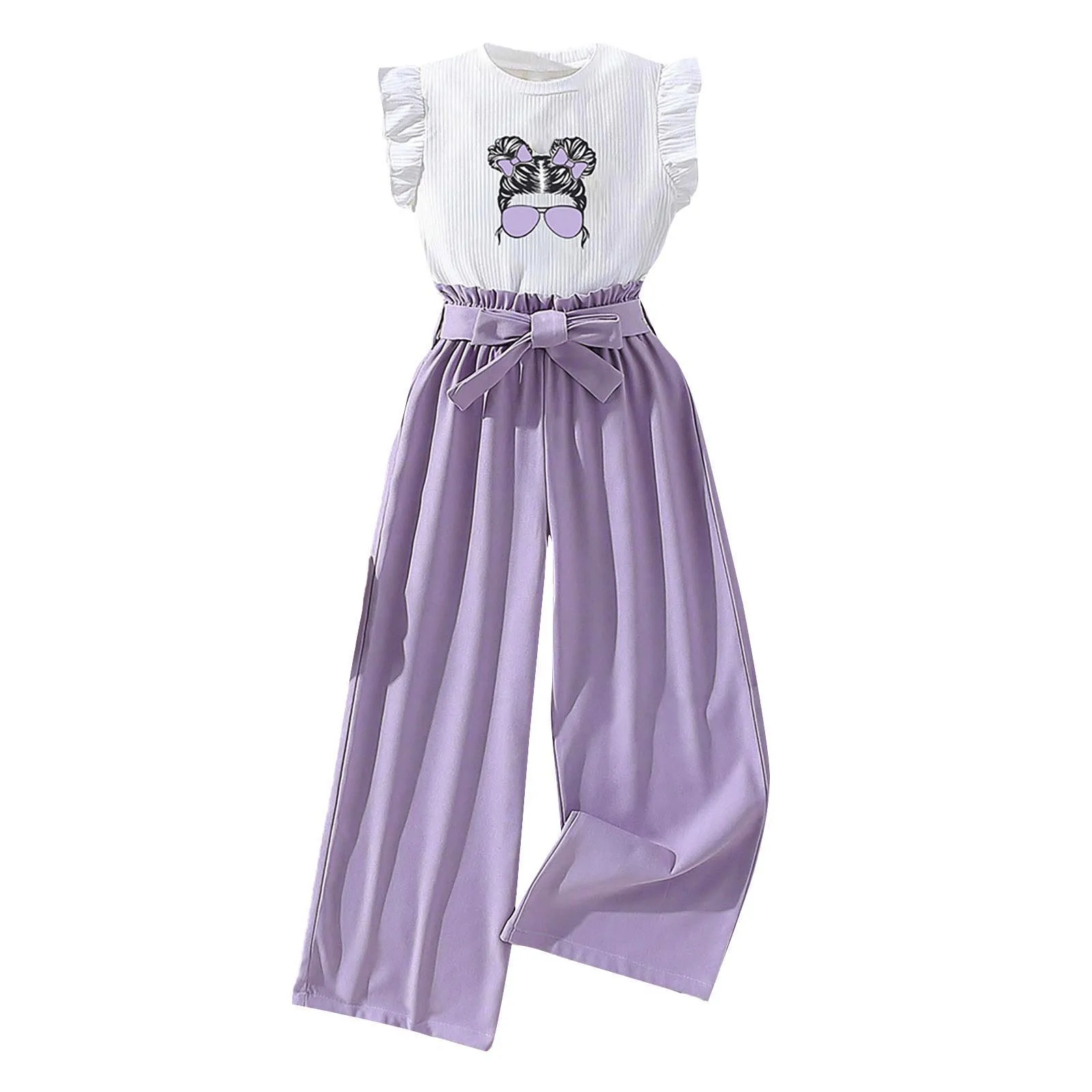 7t 11t Kids Girls\' Clothes Printed Ruffled Sleeveless Top Solid Color Bow Belted Wide Leg Pants Two Pieces Children Sets Girls