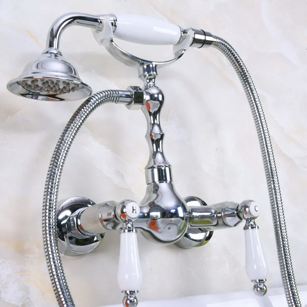 

Contemporary Chrome Brass Wall Mounted Bathroom Shower Faucet Set with 150CM Hose Handheld Spray Head Mixer Tap Dna214