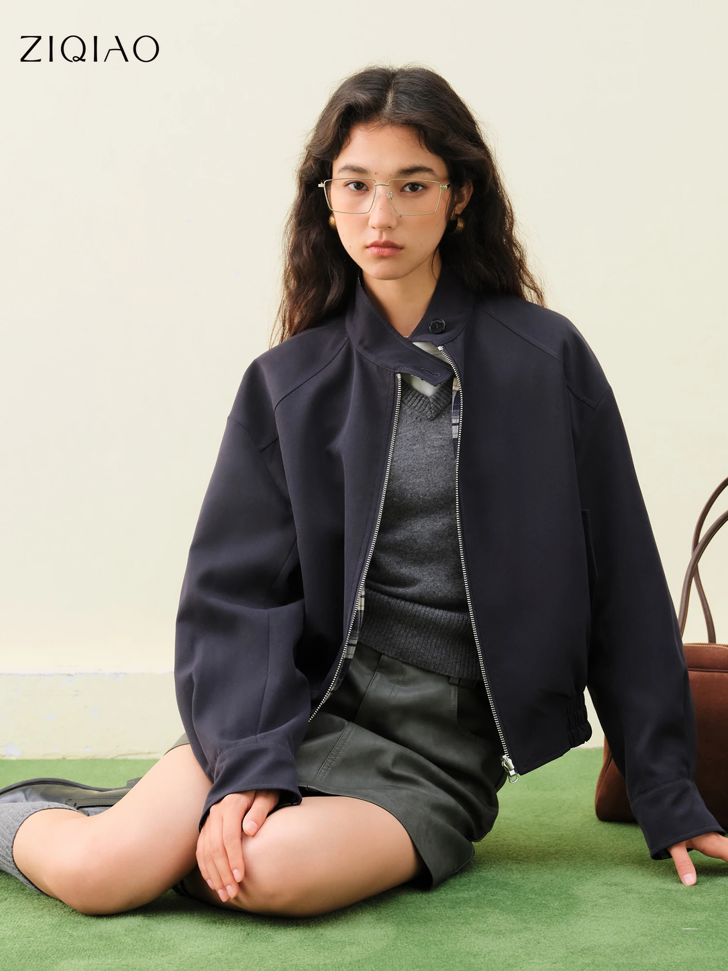 ZIQIAO Petite Women Miu Series Reversible Standing Collar Short Coat Plaid Short Sleeved Jacket New Arrival Fall 2025 25ZQ93154