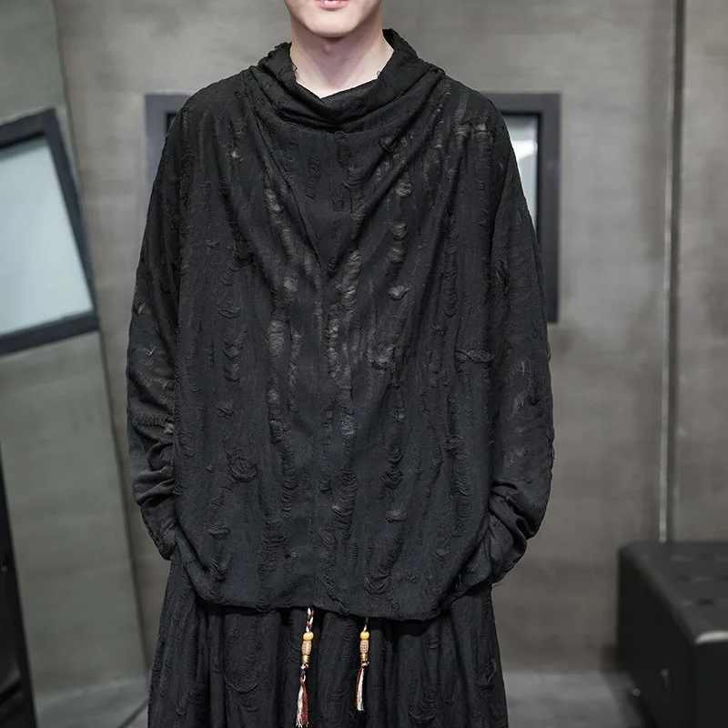 

Men's Vintage Punk T-Shirt Ripped Hole Hollow Out Long Sleeve Tee Grunge Rock Graphic Distressed Top for Hip Hop Streetwear