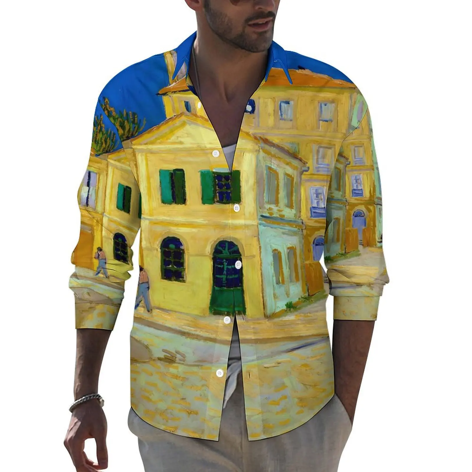 Van Gogh Casual Shirts Man The Yellow House Shirt Long Sleeve Vintage Aesthetic Blouses Spring Custom Clothing Plus Size