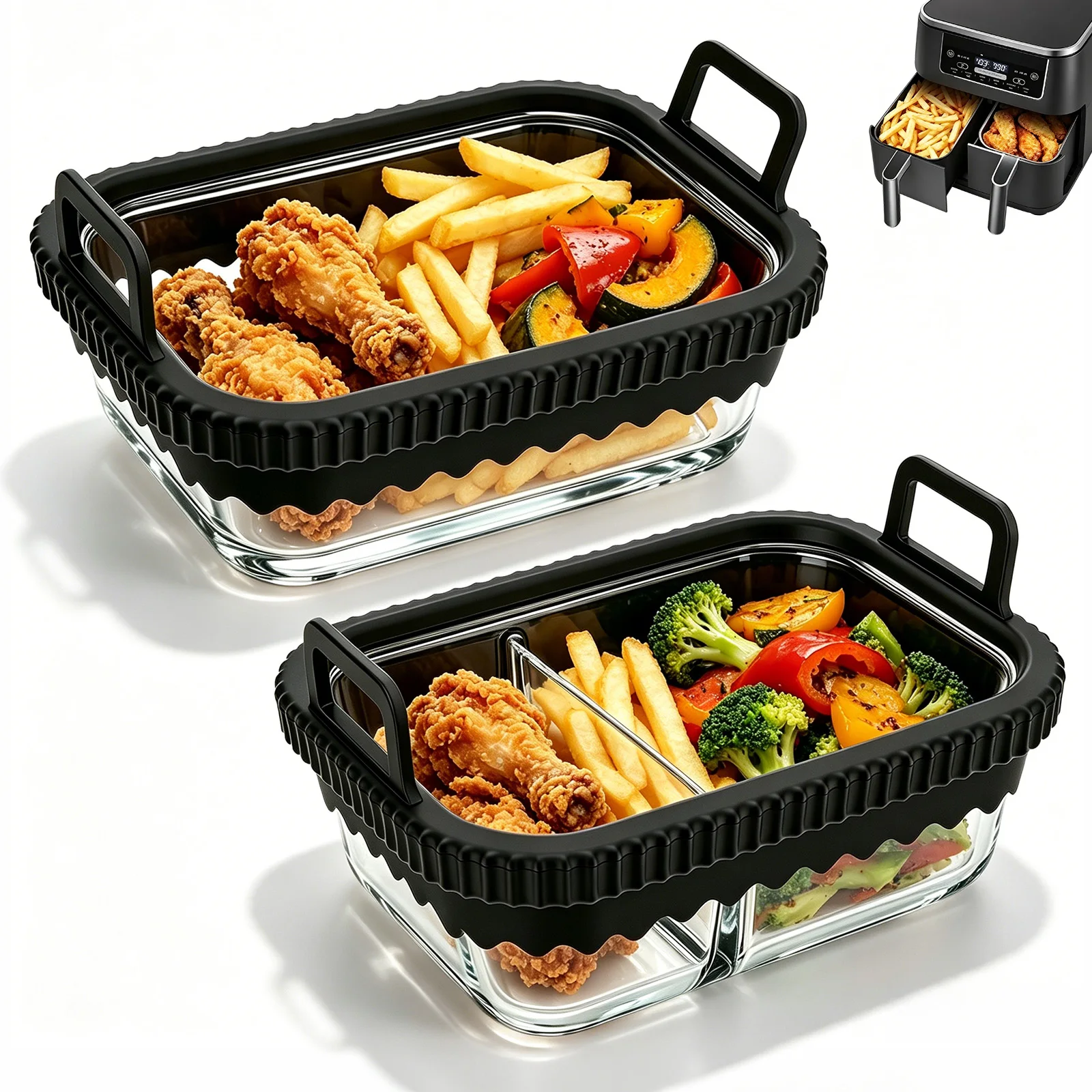 Moules en verre pour friteuse à air chaud, 2 pièces, compatibles avec Ninja AF400EU/DZ400EU/AF500EU, résistants à la chaleur avec bord en silicone amovible