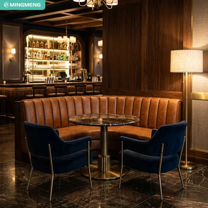 Vintage Restaurant Booth Seating Set Curved Banquette Round Marble Table and Chair for High End Bistro