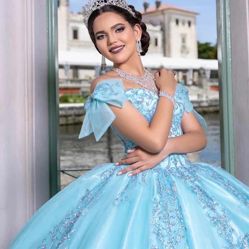 Customized Luxury Mint Glittering Off Shoulder Quinceanera Dress Applique Lace Birthday Party Sweet 16 Vestidos De Fiesta YQD548