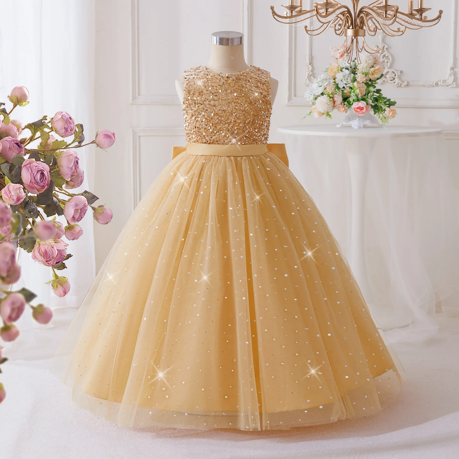 

Festive Dress For Girl Sequin Princess Dress Kids Piano Performance Gown Formal Evening Wedding Bridesmaid Birthday Prom Dresses