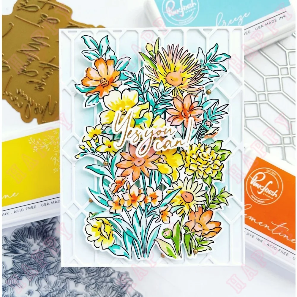 Diamonds Hexagon Tiles Glass botanical Bunch Wildflower Cutting Dies Stamps Stencil Hot Foil Scrapbook Diary Greet Card Handmade