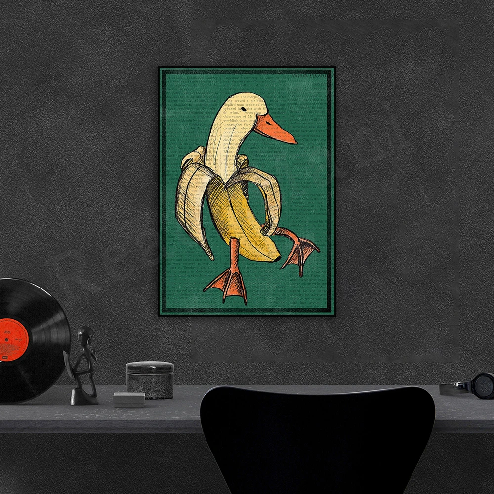 Banana duck poster, anthropomorphic art, vintage book page art, gift for animal lovers, fruit wall art decoration