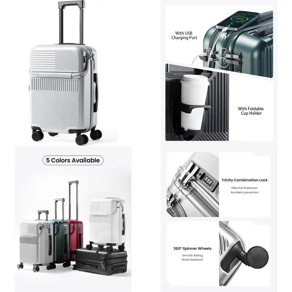 

20-дюймовый легкий чемодан-спиннер с передним открытием из АБС-пластика + ПК с USB-портом и подстаканником для ручной клади для путешествий