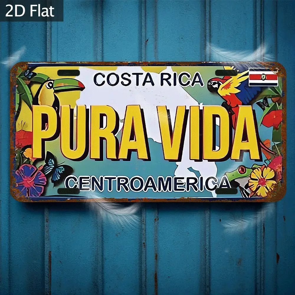 Letrero Decorativo de Pared de Aluminio Plano 2D con Diseño de Placa de Matrícula Vintage de Costa Rica Pura Vida y Vida Silvestre Tropical para Garaje, Bar, Cueva del Hombre