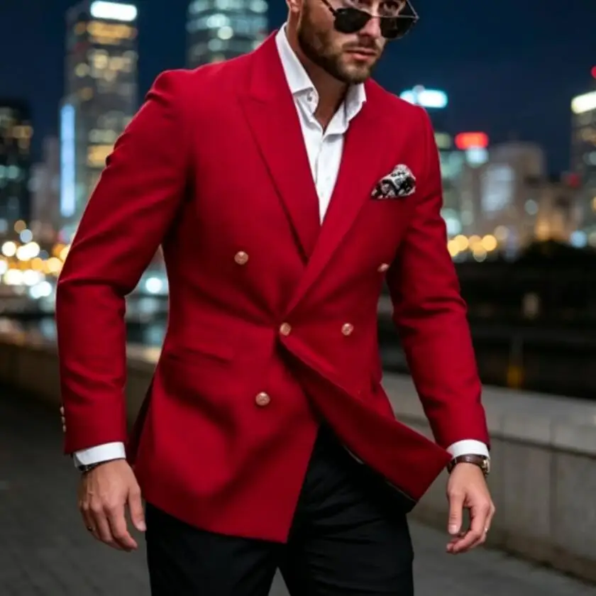 New Elegant Men Suits Double Breasted 2 Piece Red Jacket Black Pants Blazers Sets Slim Fit Male Formal Business Banquet Clothing