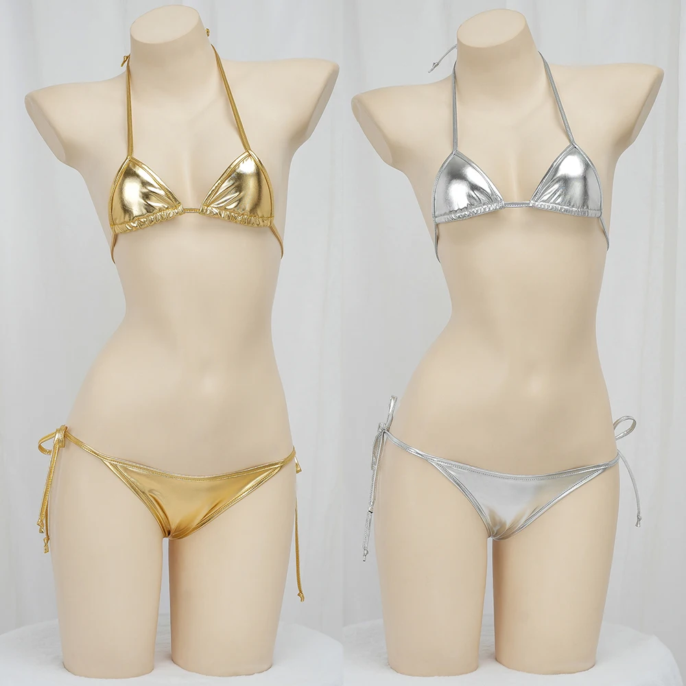 Sexy Bikini 2025 Women Gold Laser Fabric Bikini Low Waist Triangle Bikinis Sets Bandage Lingerie Swimsuit Swimwear Underwear