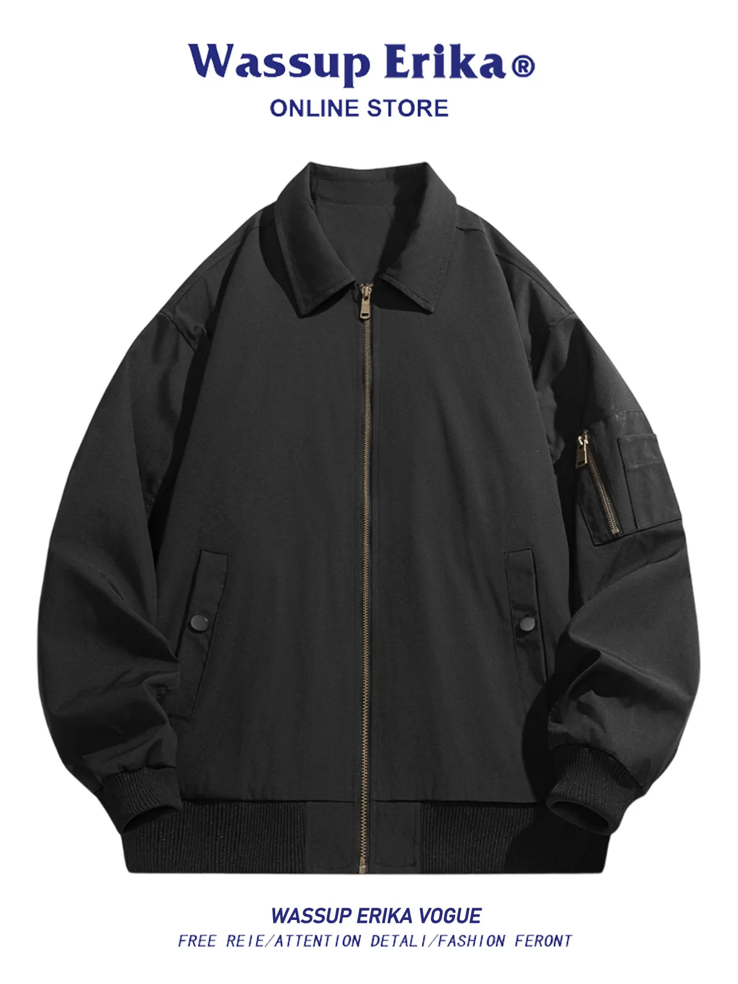 

Wassup Erika American Retro Pilot Jaet Men's Casual Turn-down Collar Leisure Outerwear Polyester Fiber Long Sve Zipper