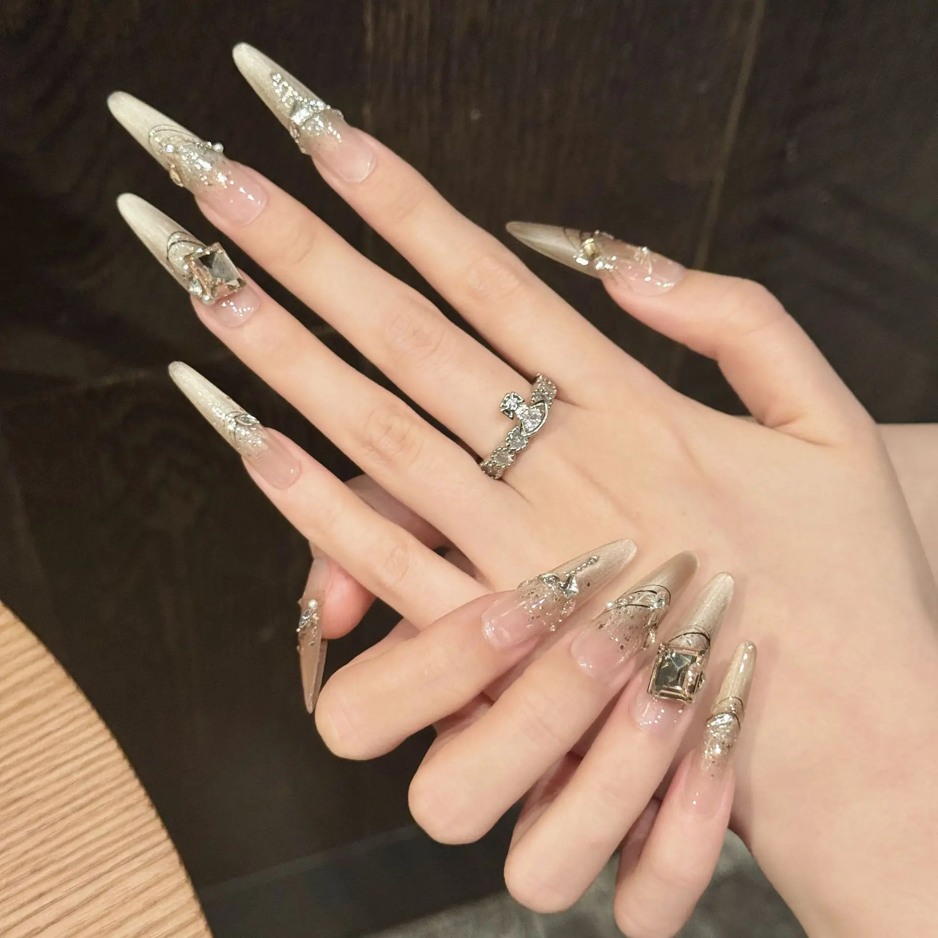 10 pièces à la main longue ovale presse sur ongles poudre brillante strass conception faux ongles portable couverture complète français faux ongles conseils