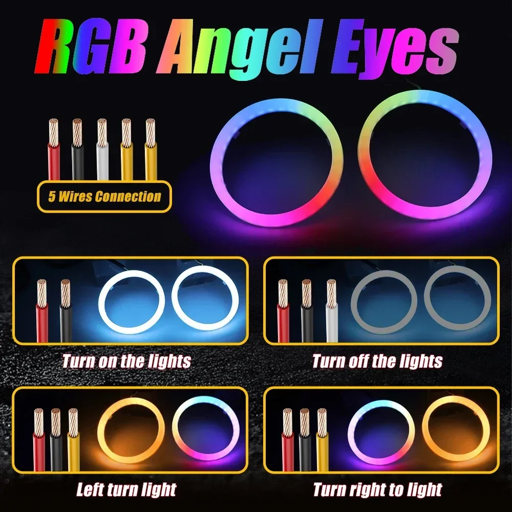 APP Control RGB LED Angel Eyes Contton Light 60mm 70mm 80mm 90mm Rgb Halo Ring DRL LED Headlights 12-24V for Motorcyle Car 4x4