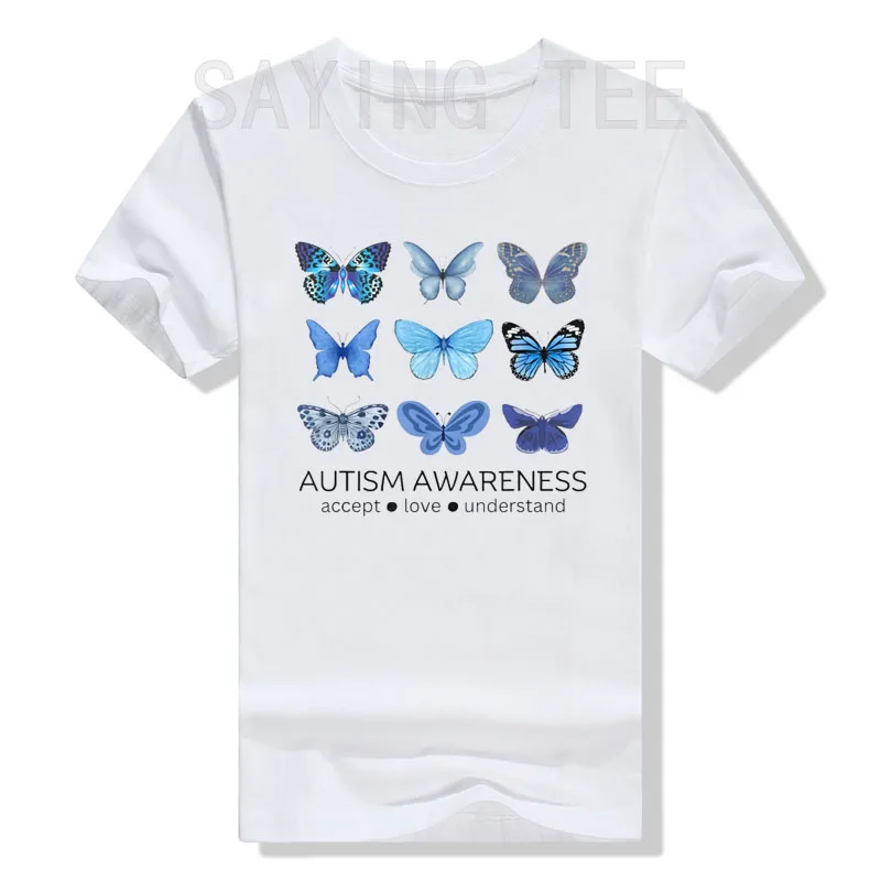 Women in April We Wear Blue Butterfly Autism Mental Health T-Shirt Cute Autism Awareness Shirt Be Kinds Clothes Neurodiverse Tee